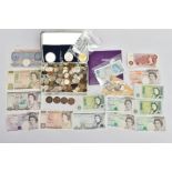 A BOX AND TIN CONTAINING COINS AND BANKNOTES, to include a Jersey silver proof and rare five pound