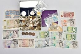 A BOX AND TIN CONTAINING COINS AND BANKNOTES, to include a Jersey silver proof and rare five pound