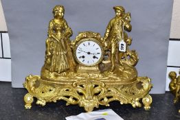 A MID 19TH CENTURY GILT METAL FIGURAL MANTEL CLOCK, cast with a young lady and gentleman in 18th