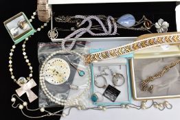 A BOX OF ASSORTED SILVER AND WHITE METAL JEWELLERY, to include a silver fancy link bracelet,