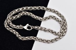 A HEAVY 18CT WHITE GOLD WHEAT CHAIN, fitted with a lobster claw clasp, hallmarked 18ct gold
