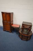 A MAHOGANY TWO DOOR DRINKS CABINET, width 63cm x depth 43cm x height 131cm (no key and locked) along