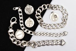 A SELECTION OF SILVER BRACELETS AND FOBS, to include three heavy silver curb link bracelets, two