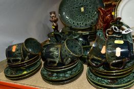 A FOSTERS POTTERY GREEN GLAZED BREAKFAST SET, ETC, comprising six oval plates, teapot, milk jug,