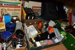 SEVEN BOXES, A CASE AND LOOSE PHOTOGRAPHIC EQUIPMENT, including a cased Yashica camera and lenses,