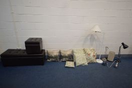 A QUANTITY OF MISCELLANEOUS, to include two brown leather pouffes/footstool, wicker threefold