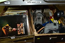 TWO BOXES OF CAMERAS, VIEWERS, PROJECTORS, LP RECORDS, comprising of a cased Konica S2 camera, cased