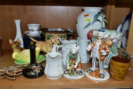 A GROUP OF ASSORTED CERAMICS, to include two Italian pottery clown figures, S.D, a Royal Doulton '