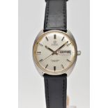 AN OMEGA AUTOMATIC SEAMASTER COSMIC STAINLESS-STEEL WRISTWATCH, round silver dial with a day and