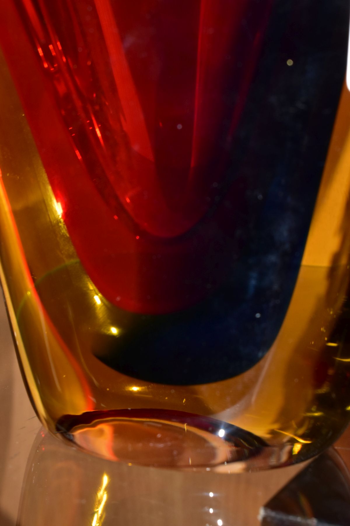 A MURANO OBALL TRI COLOUR CASED GLASS VASE, in red, blue and amber, bears betched signature to the - Image 6 of 6