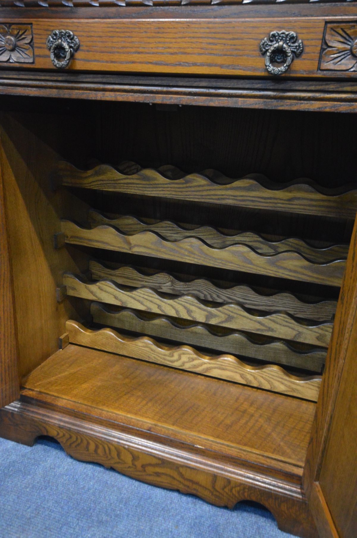 AN OLD CHARM COCKTAIL CABINET, the top section with double doors enclosing two glass shelves and a - Image 4 of 4