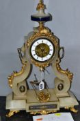 A MID TO LATE 19TH CENTURY ALABASTER AND GILT METAL MANTEL CLOCK, inset with blue painted and gilt