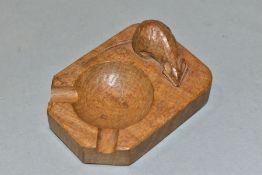 A ROBERT THOMPSON OF KILBURN MOUSEMAN OAK ASHTRAY, with signature carved mouse, length 10cm (