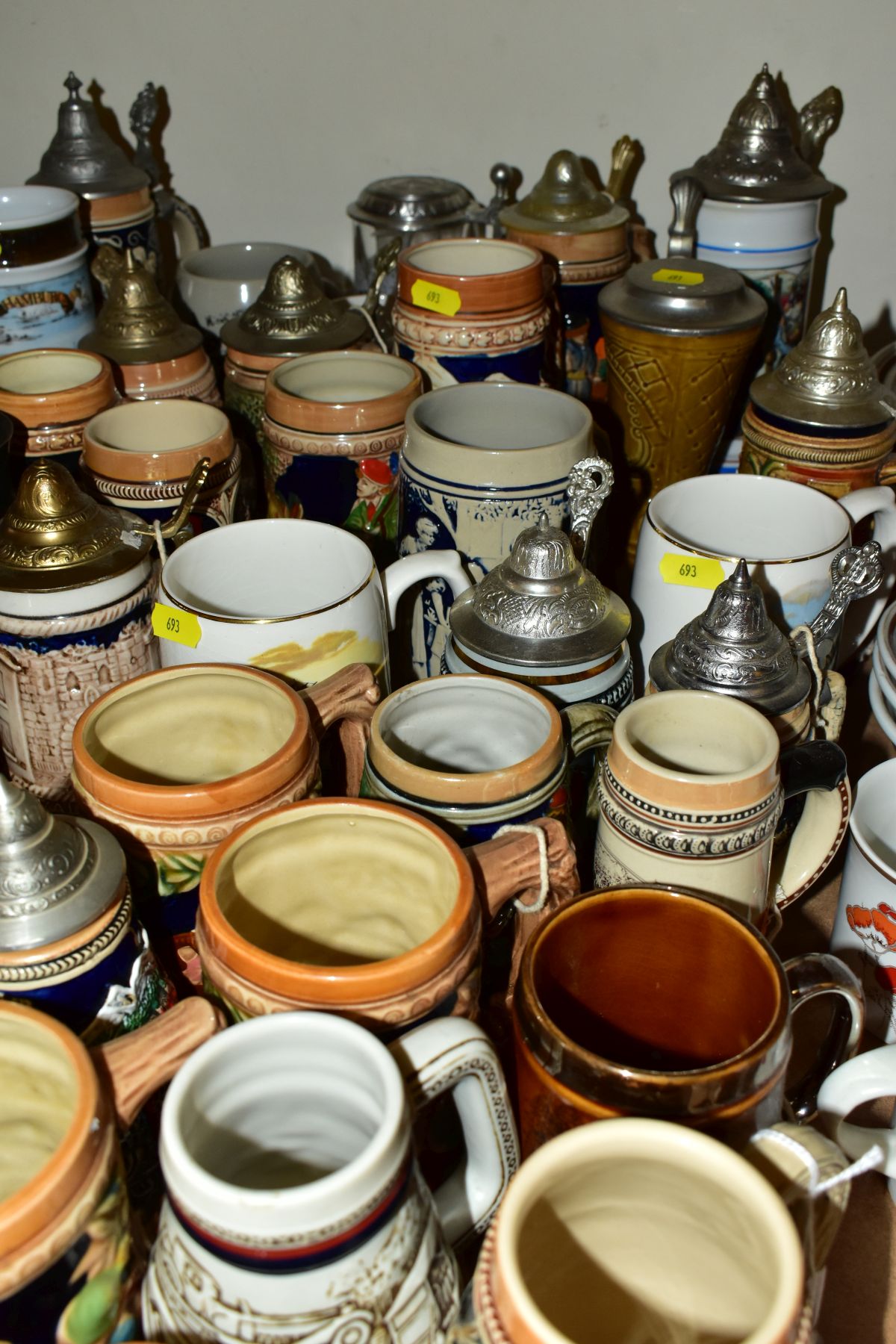 A GROUP OF STEINS, TANKARDS AND EPNS TANKARDS, including a pair of German milk glass miniature - Image 6 of 8