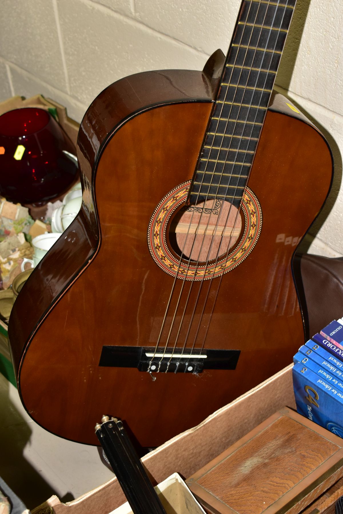 TWO BOXES OF CERAMICS, REVISION GUIDES, BINOCULARS, ETC, AND AN ACOUSTIC GUITAR, the guitar - Image 5 of 9