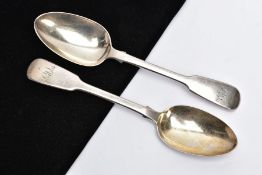 TWO SILVER FIDDLE PATTERN TABLESPOONS, each with engraved initials to the handles, hallmarked '