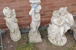 TWO COMPOSITE GARDEN FIGURES, one figure of a couple of lovers standing 74cm high, the other of a