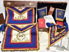 A SELECTION OF MASONIC CLOTHING, to include a pair of gauntlet cuffs with embroidered