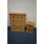 A PINE CHEST OF TWO OVER THREE LONG DRAWERS, width 96cm x depth 43cm x height 117cm and a matching