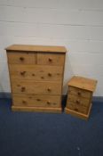 A PINE CHEST OF TWO OVER THREE LONG DRAWERS, width 96cm x depth 43cm x height 117cm and a matching