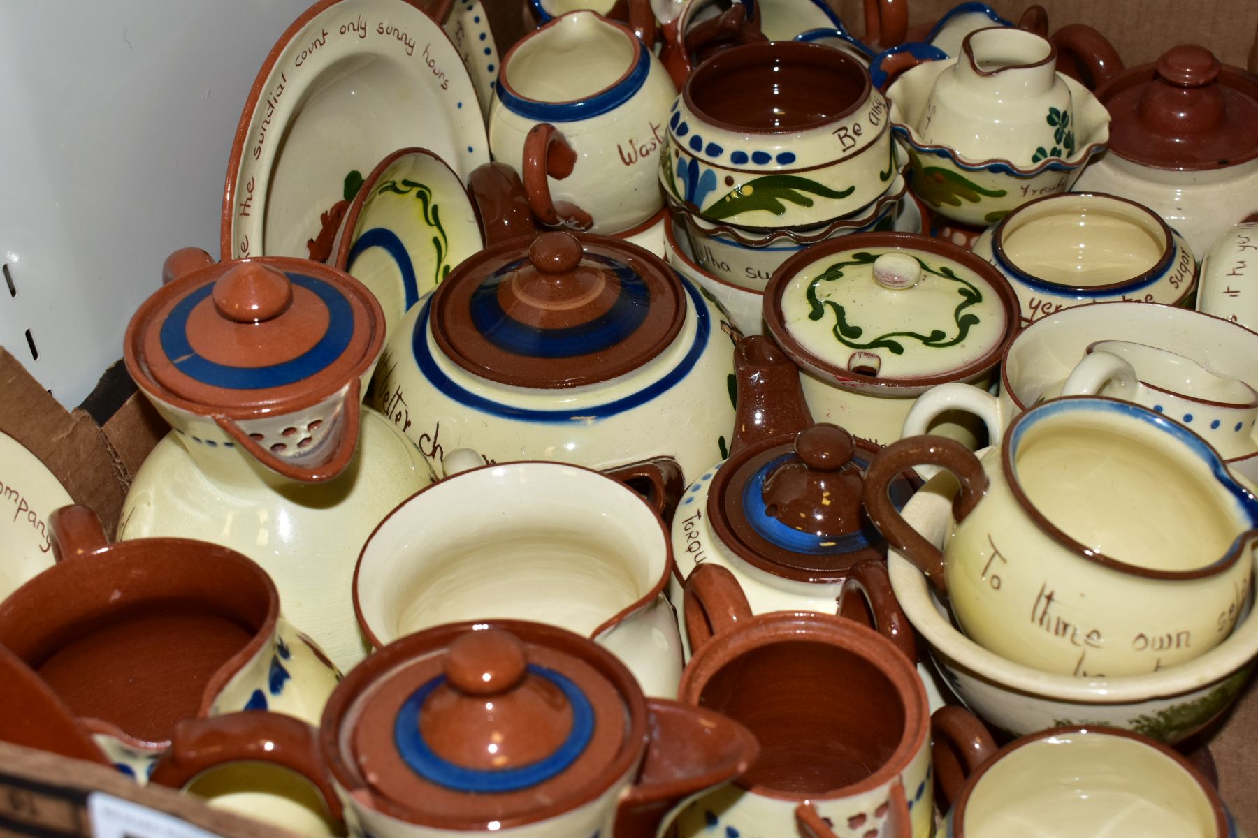 A BOX OF TORQUAY/MOTTO WARE, including two tea pots, hot water jugs, milk jugs, sugar bowls, - Image 2 of 4