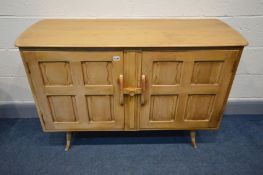 AN ERCOL 1950'S ELM AND BEECH DOUBLE DOOR SIDEBOARD, with panelled doors and sides, on turned