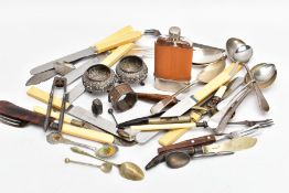 A BOX OF ASSORTED ITEMS, to include a white metal and glass hip flask, two white metal embossed