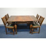 AN EARLY TO MID 20TH CENTURY OAK DRAW LEAF TABLE, on turned legs, extended length 148cm x 90cm