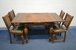AN EARLY TO MID 20TH CENTURY OAK DRAW LEAF TABLE, on turned legs, extended length 148cm x 90cm