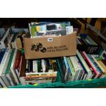 FIVE BOXES/CRATES OF BOOKS, mostly hardbacks, including motoring, WWI & WWII, Titanic, birds,