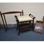 AN EDWARDIAN PURDONIUM WITH SHOVEL and art nouveau handle, an early 20th century piano stool, oak