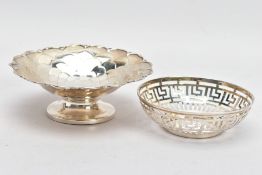 TWO EARLY 20TH CENTURY MAPPIN & WEBB SILVER CIRCULAR TRINKET DISHES, the first with pierced Greek-