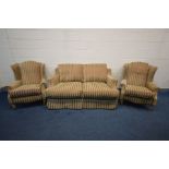 A DURESTA STYLE THREE PIECE LOUNGE SUITE, stripped red and gold upholstery, comprising a sofa,