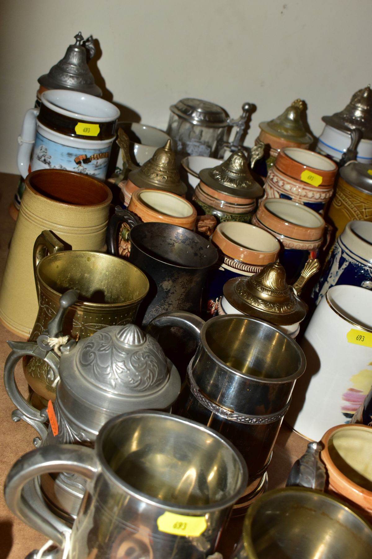 A GROUP OF STEINS, TANKARDS AND EPNS TANKARDS, including a pair of German milk glass miniature - Image 7 of 8