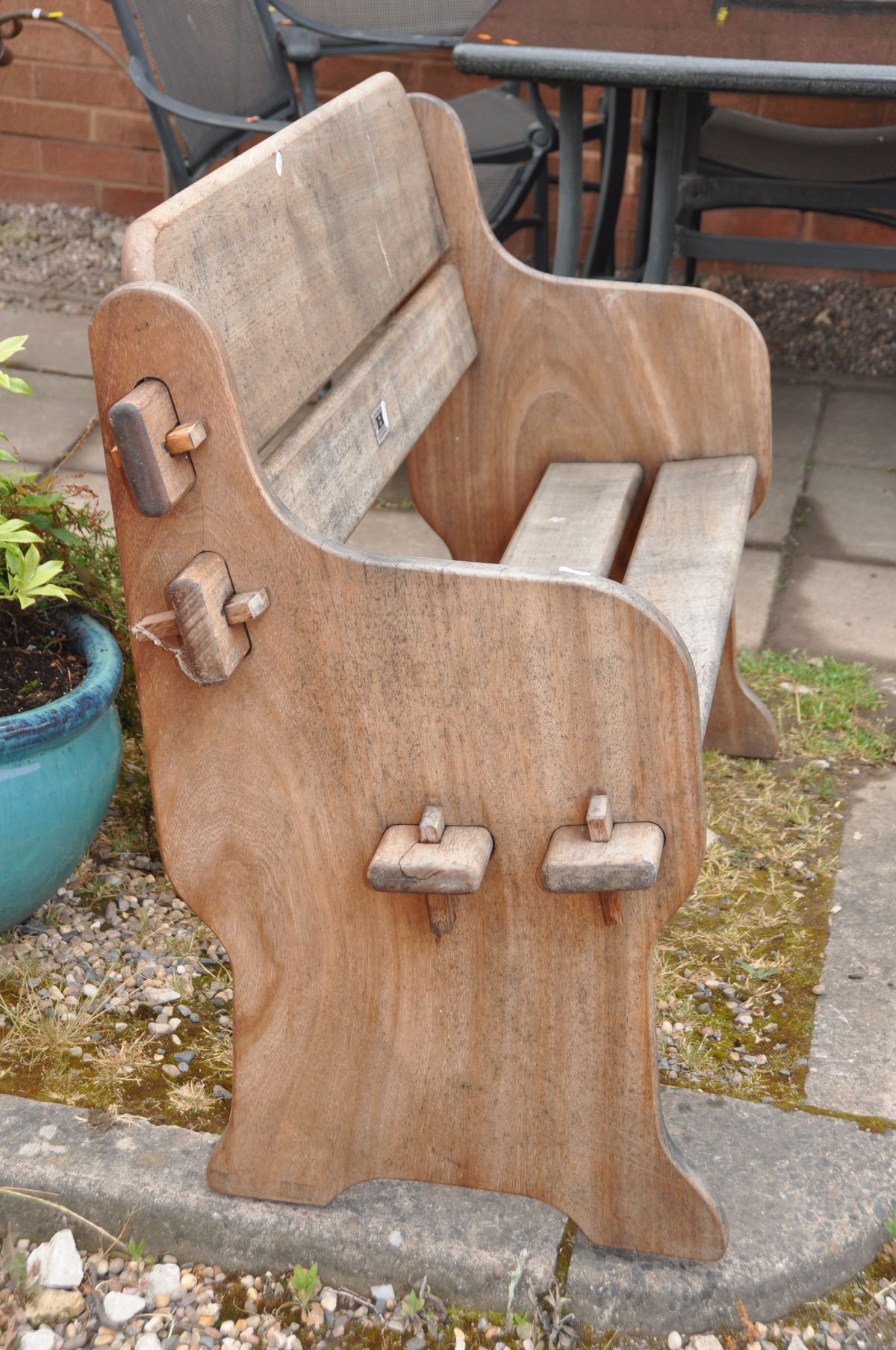 A TEAK GARDEN BENCH with pegged plant sides and wide slatted seat and back Badged Hattersley, - Image 3 of 3