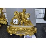 A MID 19TH CENTURY FRENCH GILT METAL AND ALABASTER FIGURAL MANTEL CLOCK, the classical figure seated