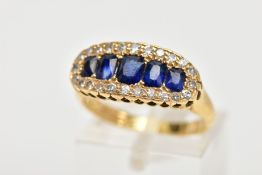 A 18CT GOLD SAPPHIRE AND DIAMOND GRADUATED HALF HOOP RING, cushion cut sapphires, enclosed within