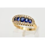 A 18CT GOLD SAPPHIRE AND DIAMOND GRADUATED HALF HOOP RING, cushion cut sapphires, enclosed within
