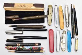 A BOX OF ASSORTED ITEMS, to include a 'Parker Slim Fold' black and gold trim propelling pencil