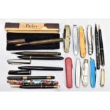 A BOX OF ASSORTED ITEMS, to include a 'Parker Slim Fold' black and gold trim propelling pencil