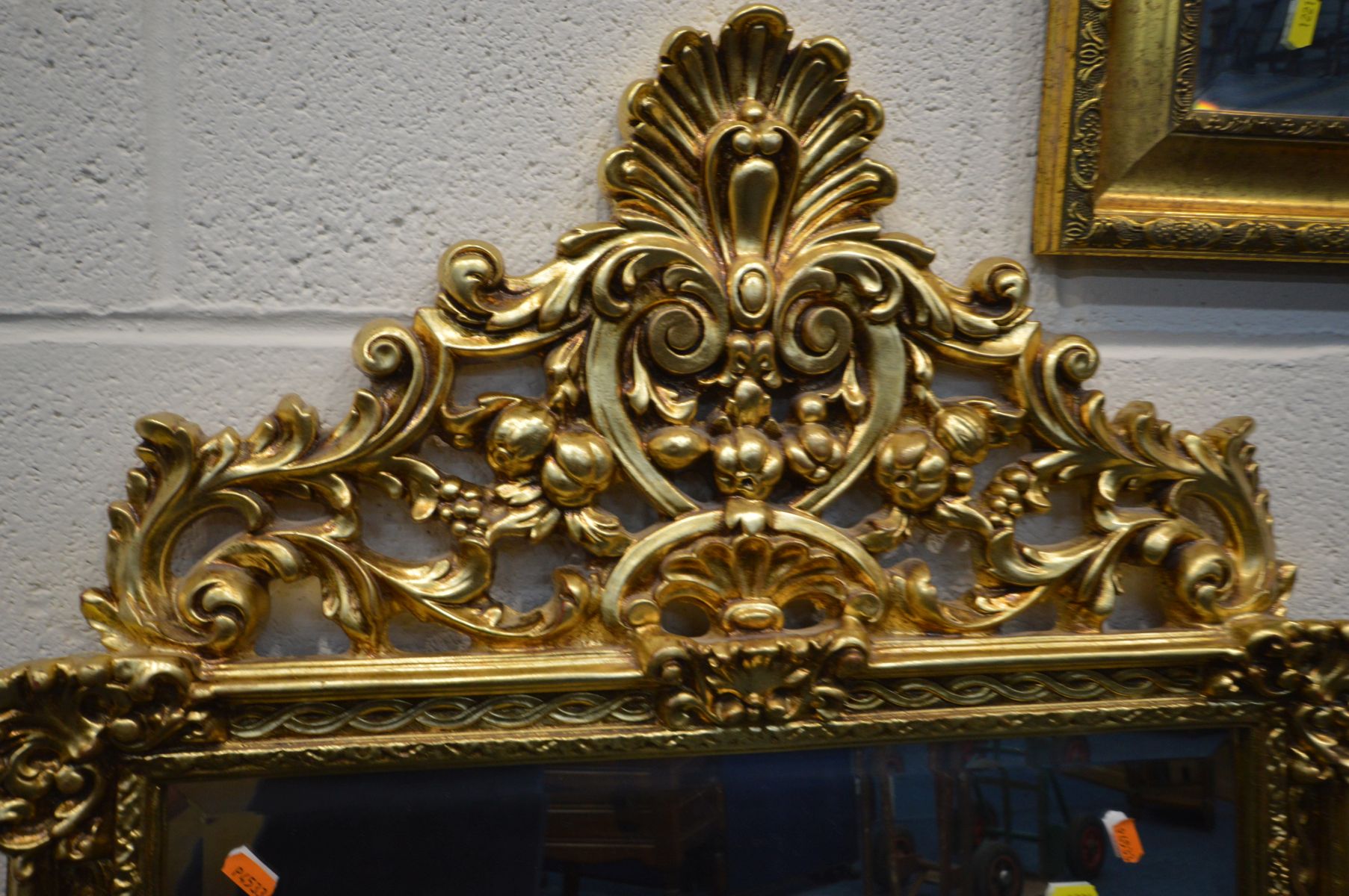 A GILT ON RESIN BEVELLED EDGE WALL MIRROR with open foliate, 67cm x 124cm, together with a - Image 3 of 4