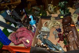 A BOX AND LOOSE DRAGON ORNAMENTS, CERAMIC, RESIN, GLASS AND WOOD, to include Land of the Dragons '
