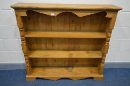 A MODERN PINE OPEN BOOKCASE, width 127 x depth 28cm x height 118cm