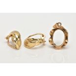 A PAIR OF 9CT GOLD NON-PIERCED EARRINGS AND A 9CT GOLD PENDANT MOUNT, each earring of a plain