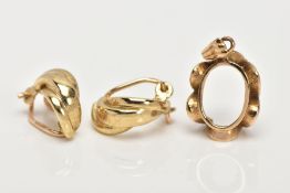 A PAIR OF 9CT GOLD NON-PIERCED EARRINGS AND A 9CT GOLD PENDANT MOUNT, each earring of a plain