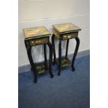 A PAIR OF LATE 20TH CENTURY ORIENTAL TORCHERE STANDS, with chinoiserie decoration, shaped legs