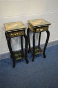 A PAIR OF LATE 20TH CENTURY ORIENTAL TORCHERE STANDS, with chinoiserie decoration, shaped legs