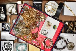 A BOX OF ASSORTED COSTUME JEWELLERY, to include a boxed ladies 'Gossip' quartz wristwatch with