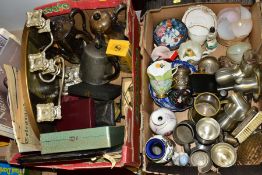 TWO BOXES AND LOOSE CERAMICS, GLASS, METALWARES AND A FRAMED ADVERT, to include a Victorian