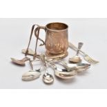 A PARCEL OF SILVER ITEMS, to include a small tankard, plain design to a pedestal base and plain